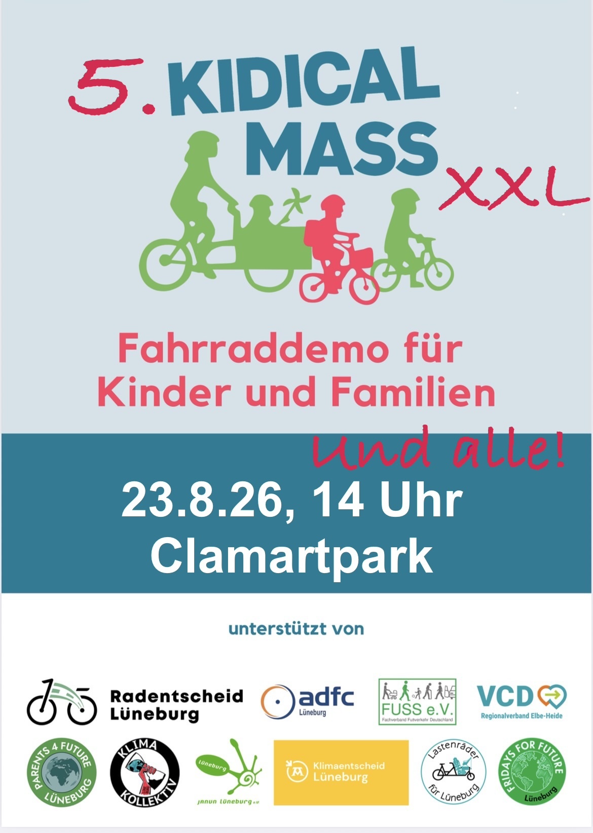Du betrachtest gerade 5. Kidical Mass Lüneburg  – XXL! Große Fahrraddemo – diesmal für alle!